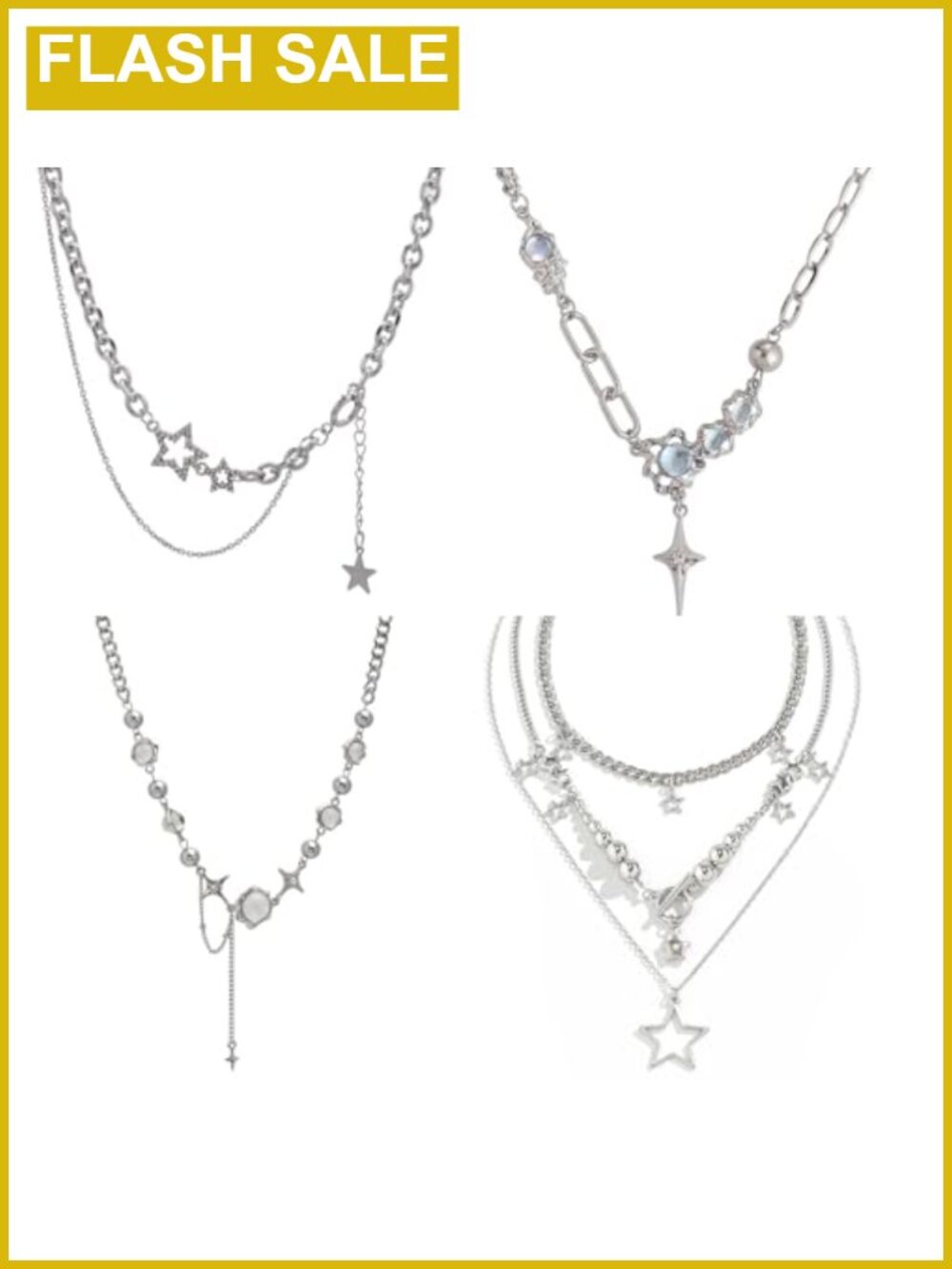 4PCS Y2K Double Layered Necklace Set Silver Vintage Grunge Star Choker